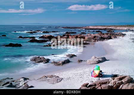 Beach umbrella and beach. 17 Mile Drive, Pebble Beach, California 17 Mile Drive, Pebble Beach, California Stock Photo