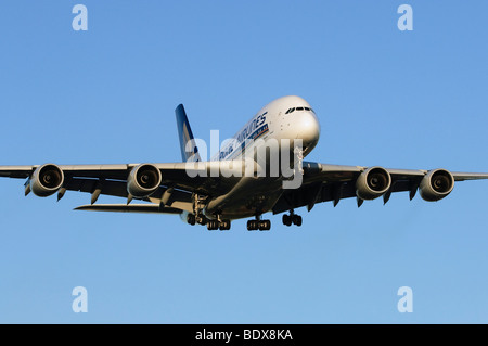 Airbus A380 operated by Singapore Airlines on approach for landing at London Heathrow Airport, UK. Stock Photo