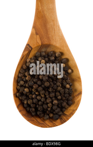 Black pepper (Piper nigrum) on an olive wood spoon Stock Photo