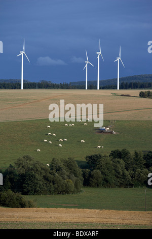 Wind farm near Kisselbach in the Hunsrueck region, Rhineland-Palatinate, Germany, Europe Stock Photo