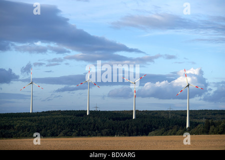 Wind farm near Kisselbach in the Hunsrueck region, Rhineland-Palatinate, Germany, Europe Stock Photo