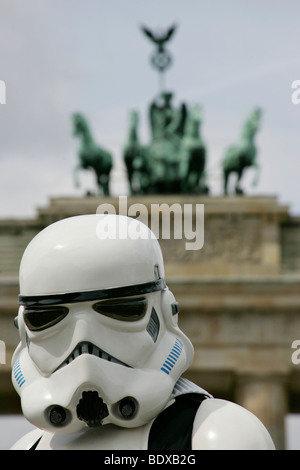 Person in Star Wars costume in front of the Brandenburg Gate in Berlin, Germany, Europe Stock Photo