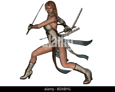 3D rendered fighting woman samurai with katana on white background isolated Stock Photo