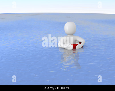 Man with life ring in ocean Stock Photo