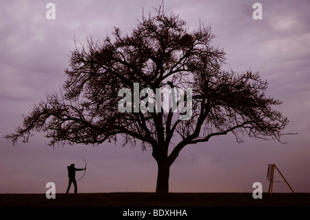 Archer under an old tree with a target Stock Photo