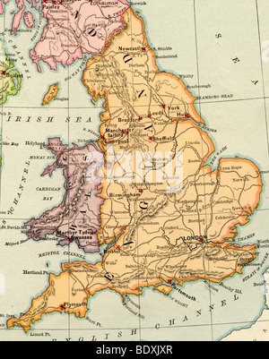 Original old map of England and Wales from 1875 geography textbook Stock Photo