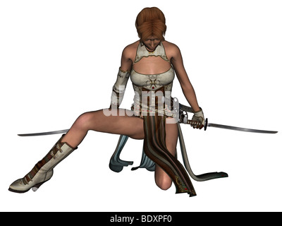 3D rendered fighting woman samurai with katana on white background isolated Stock Photo
