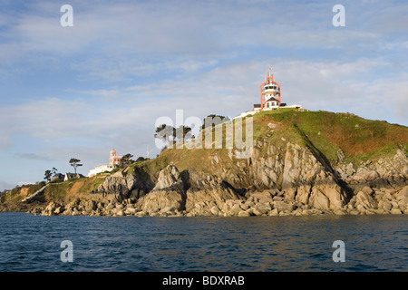 France, Brittany, Saint-Quay-Portrieux, View from the sea to a part of the coast and the viewpoint Pointe de Semaphore. Stock Photo