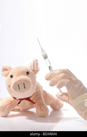 Hand with a syringe and a plush pig Stock Photo