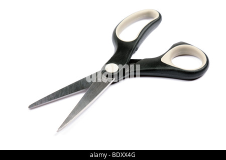 Black office scissors isolated on white background. Full frame studio shot. Stock Photo