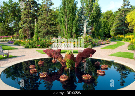 A decorative pool with dolphin sculptures in the English Gardens in Assiniboine Park in Winnipeg, Manitoba, Canada. Stock Photo