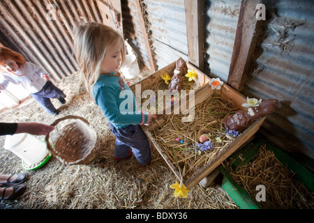 two girls finding chocolate easter bunnies in a hen coop Stock Photo