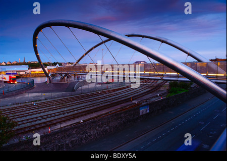 The Celtic Gateway footbridge connecting Holyhead with the railway station, Anglesey north Wales UK Stock Photo