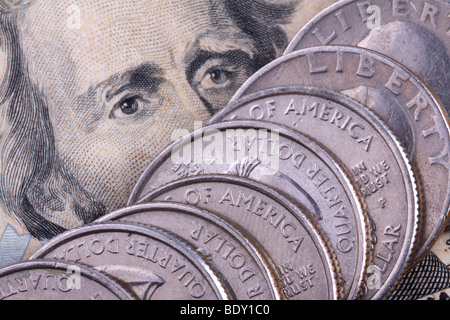 United States money cash and bills seen from up close. Stock Photo
