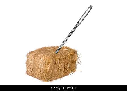 A needle is discovered in an obvious find. Good for thinking the opposite from a needle in a haystack. Stock Photo