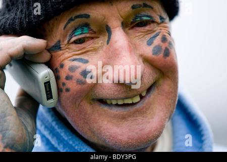 Tom Leppard the 'Leopard Man of Skye' is a hermit and the world's most tattooed man, with tattoos covering over 99% of his body. Stock Photo