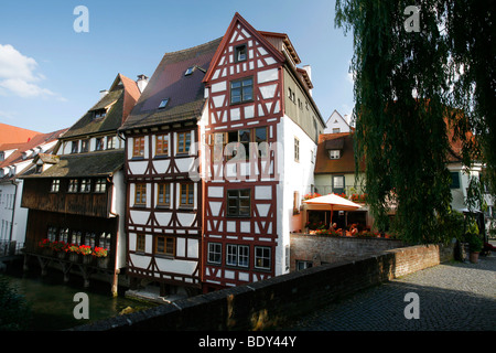 View of the half-timbered houses of the fishermen and tanners district and the tributary of Blue Danube, Ulm, Baden-Wuerttember Stock Photo