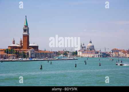 View of Venice from Canale di San Marco with the spire of Church of San Giorgio Maggiore and the domes of Church of Santa Maria Stock Photo