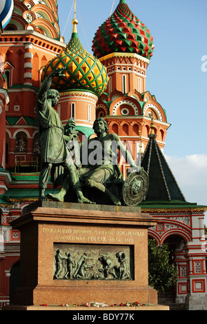 Statue of Minin and Pozharsky against St. Basil's Cathedral on Red Square, Moscow, Russia Stock Photo