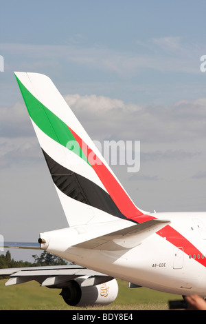 tail fin of Emirates Airlines A380 Airbus Stock Photo