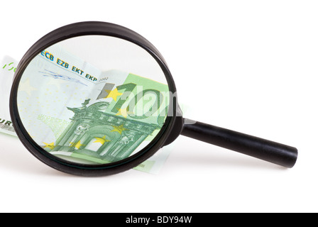 European banknote through a magnifier. Isolation over white Stock Photo