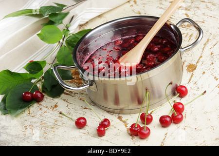 Cooking the sour cherry jam Stock Photo