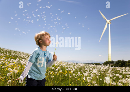 boy blowing dandelion at wind turbine Stock Photo