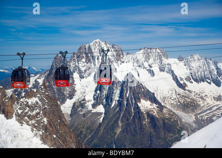 Cable car between Aiguille du Midi and Punta Helbronner, Funivie Monte Bianco, Mont Blanc Funicular, Vallee Blanche Aerial Tram Stock Photo