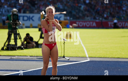 Swiss heptathlon athlete Linda Zueblin showing her joy after her javelin record of 53.01 meters at the Athletics World Champion Stock Photo