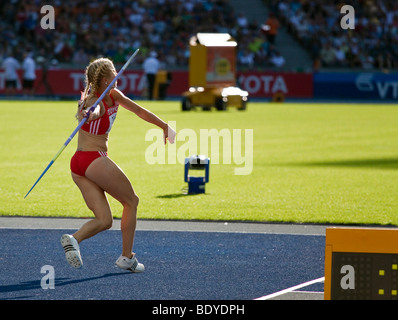 Swiss heptathlon athlete Linda Zueblin throwing her javelin for a record of 53.01 meters at the Athletics World Championships 2 Stock Photo