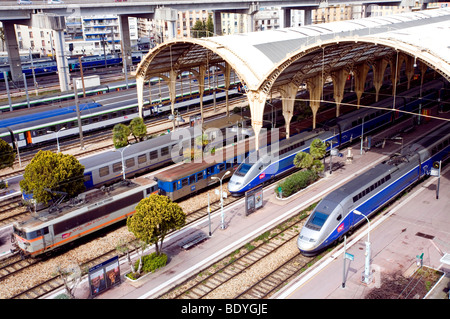 A View from Above of the Nice-Ville train station and TGV Trains in Nice, Cote d'Azur, France Stock Photo