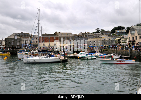 South Quay, Harbour, Padstow, Cornwall, England including The Old Custom House Hotel and public house. Stock Photo