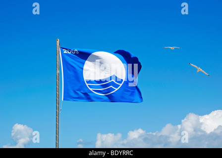 the ' blue flag ' flying over porthmeor beach in st.ives,cornwall,uk Stock Photo