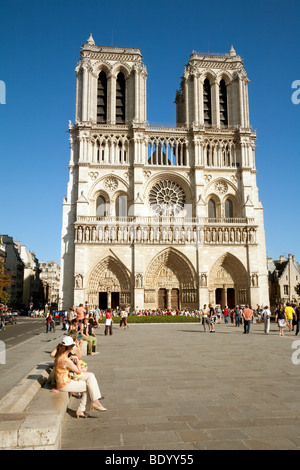 Notre Dame Cathedral, West Facade and entrance, in summer, Ile de la Cite,Paris France Stock Photo