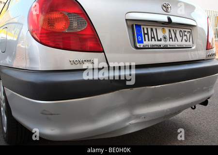 damaged heck of a car (Toyota Avensis) after an accident Stock Photo
