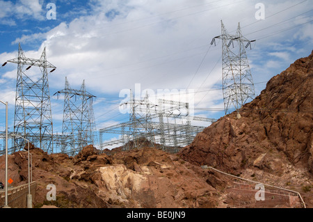 Power lines at Hoover Dam located on the Colorado River between Nevada and Arizona. Stock Photo