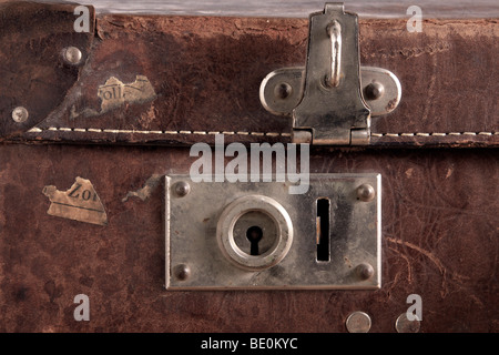 Lock of an old leather suitcase Stock Photo