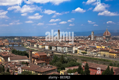 Panoramic view of Florence (Arno river, Ponte Vecchio,...), Florence, Tuscany, Italy, Mediterranean Europe, EU. Stock Photo