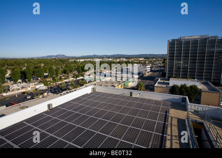 Array on rooftop of office building in Panorama City, San Fernando Valley, Los Angeles, California, USA Stock Photo