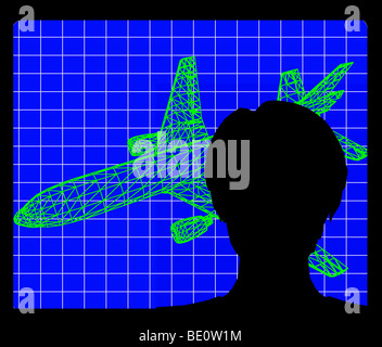 computer generated 3D wire frame robotic nude female and floating