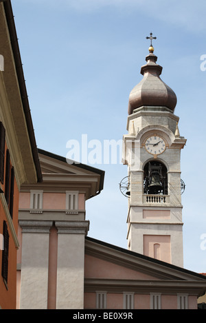 The bell and clock tower of St. Stephen's Church in the Lake Como resort of Menaggio, Italy, Europe Stock Photo