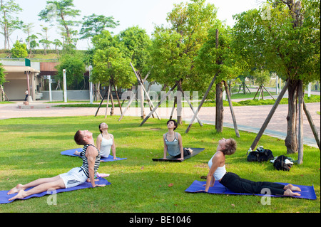 Group Of People Practicing Yoga Outdoors In Park Stock Photo