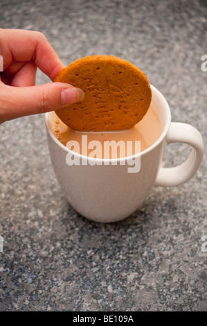A close up of a person dunking a mcvities digestive biscuit in a cup of tea Stock Photo