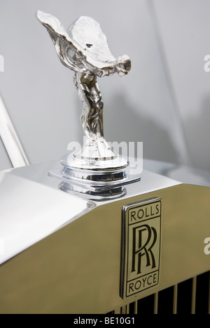 Close up of Rolls Royce Silver Lady ornament on Silver shadow vintage car Wilton Park Classic Car Show Batley West yorkshire UK Stock Photo