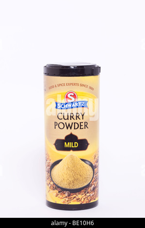 A close up of a tub of schwartz curry powder mild on a white background Stock Photo