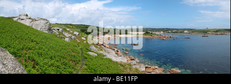 Panoramic view from Peninnis looking towards Old Town Bay, St. Mary's Isles of Scilly. Stock Photo