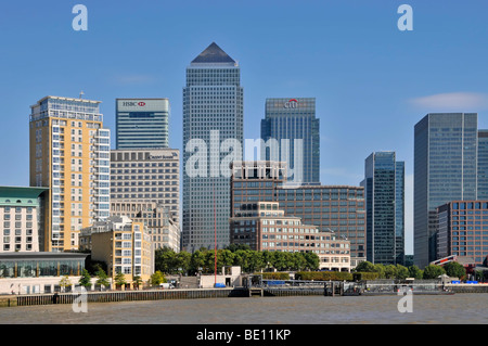 One Canada Square skyscraper office tower block flanked by HSBC bank & Citi banks banking skyscrapers on Canary Wharf skyline East London Docklands UK Stock Photo