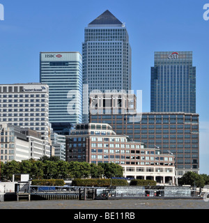 One Canada Square skyscraper office tower block flanked by HSBC bank & Citi banks banking skyscrapers on Canary Wharf skyline East London Docklands UK Stock Photo