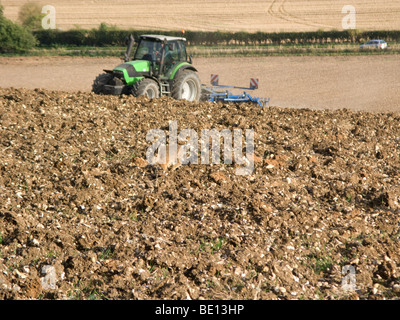 Brown Hare bounding across a ploughed field away from a farmer driving a tractor on the hillside in Nettleden,Hertfordshire,UK. Stock Photo