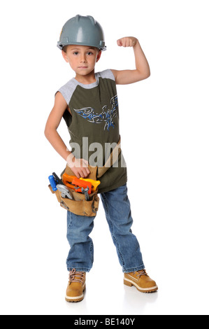 Young boy dressed as construction worker isolated over a white background Stock Photo